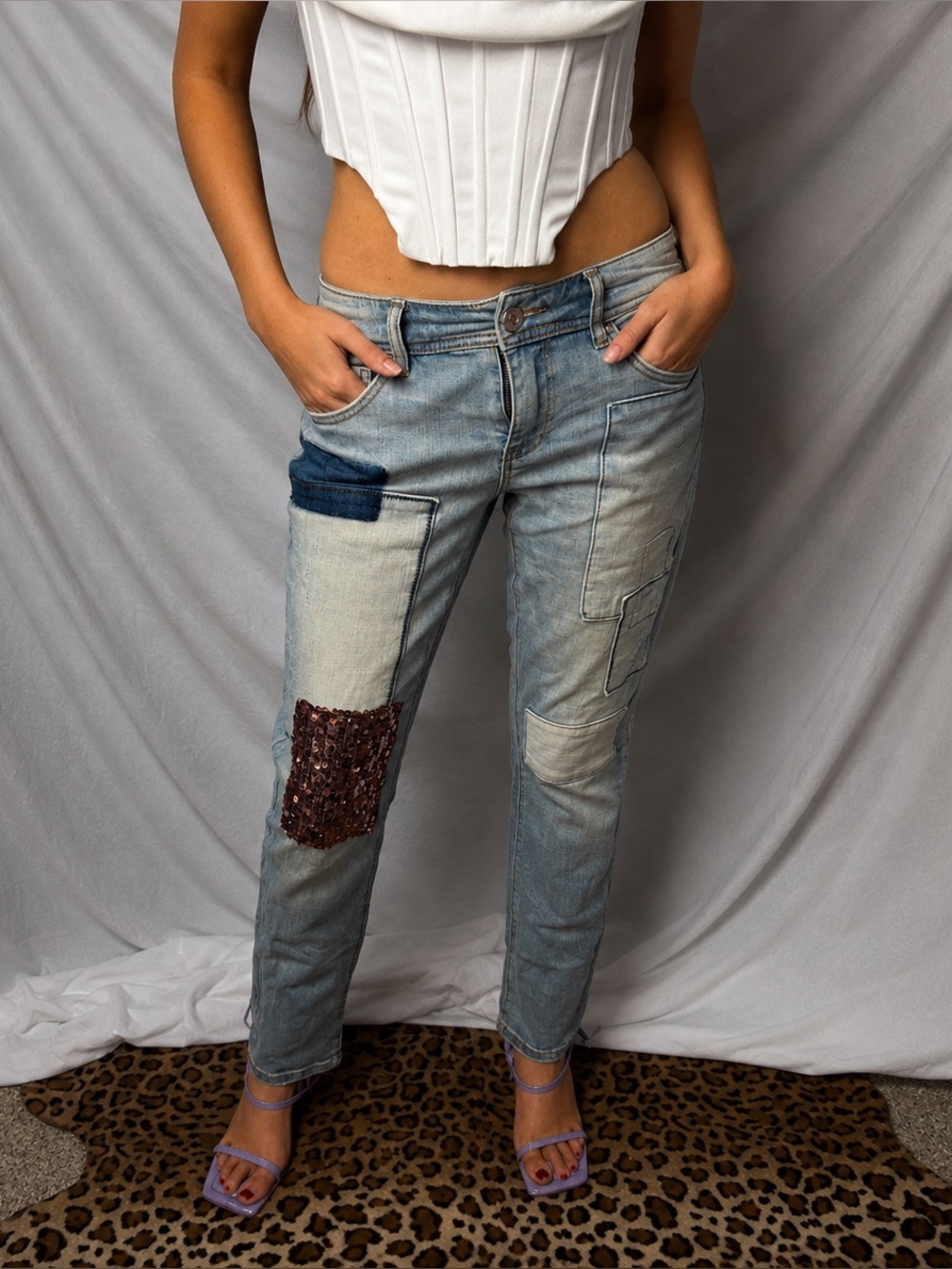 Denim Patchwork Jeans - Light Blue